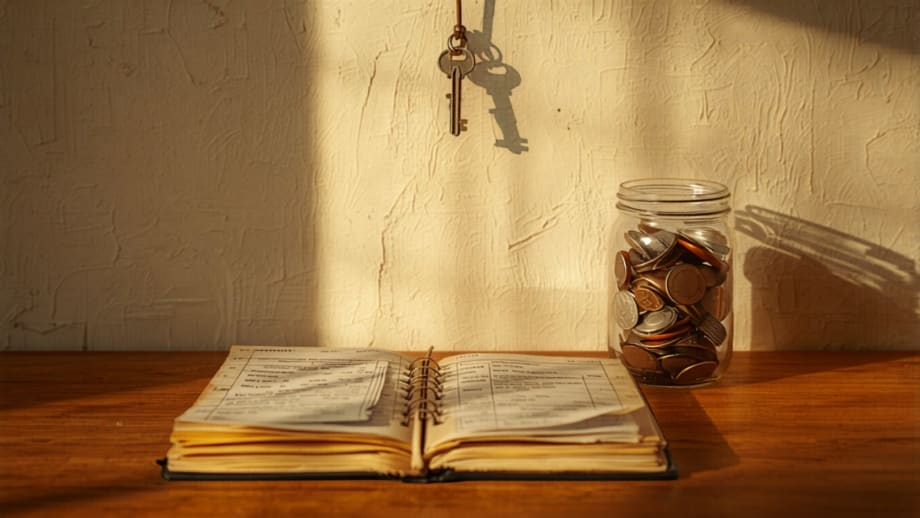 Cuaderno de cuentas con boletas, frasco de ahorros y llave colgada