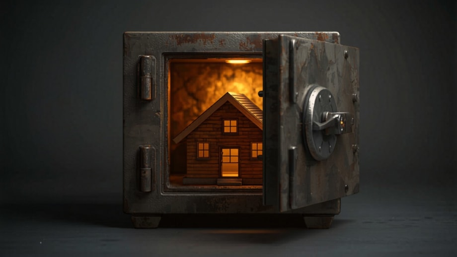 Caja fuerte antigua entreabierta con una casita de madera iluminada dentro