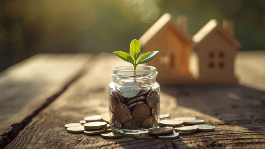 Brote creciendo de un frasco con monedas junto a casitas en perspectiva