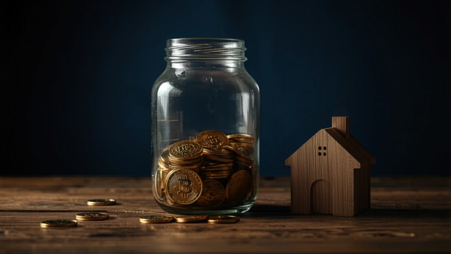 Frasco llenándose de monedas con marcas de nivel junto a una casita