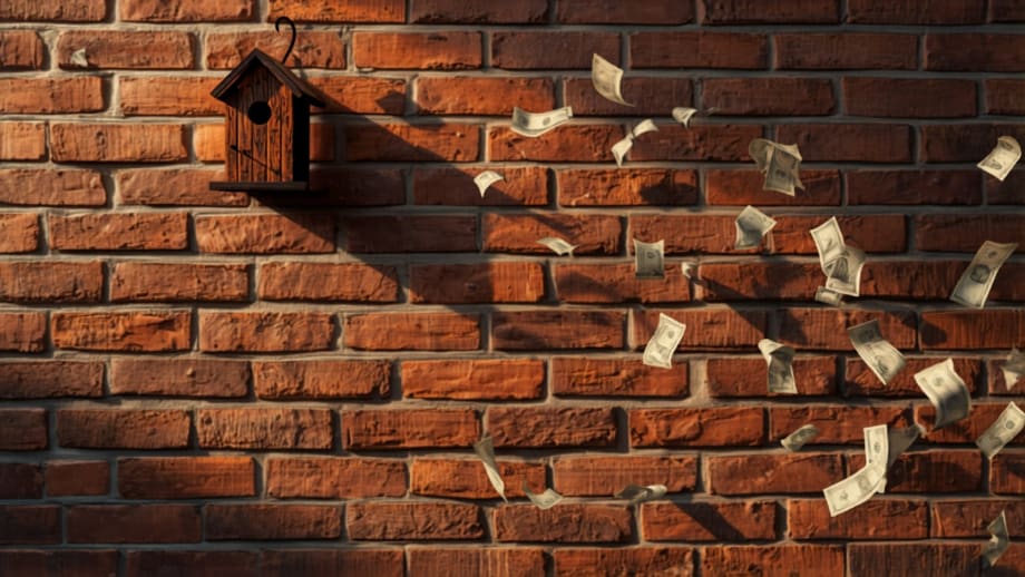 Muro de ladrillo firme con casita encima y billetes deshaciéndose al viento