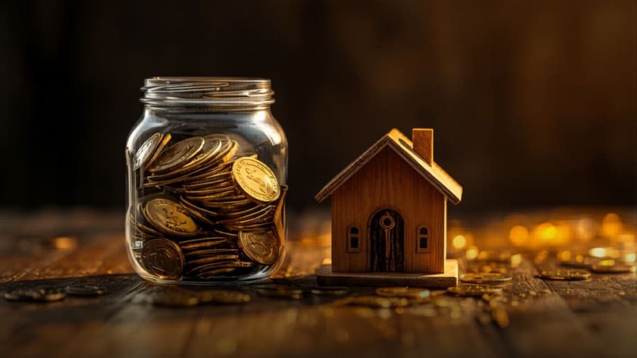 Frasco casi lleno de monedas junto a casita con llave en la puerta