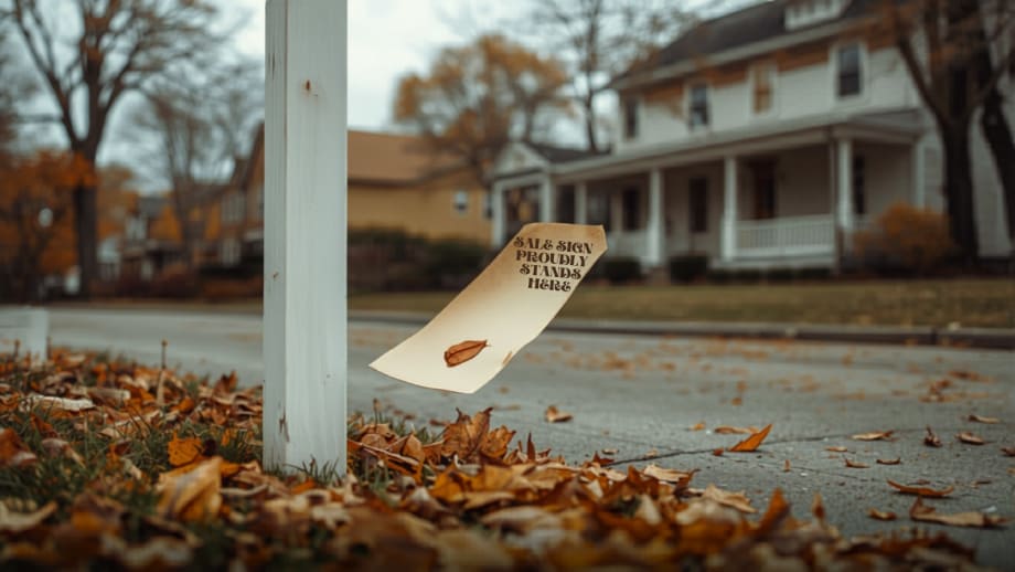 Cartel de venta en blanco frente a casa bonita en calle con hojas de otoño