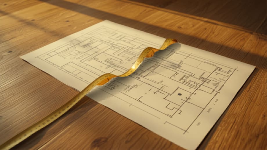 Huincha de medir que cruza del plano al piso real de la habitación
