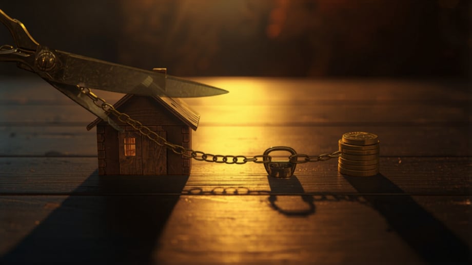 Tijeras antiguas sobre la cadena que une una casita con monedas