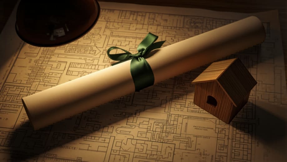 Certificado con cinta verde sobre un plano regulador junto a una casita de madera