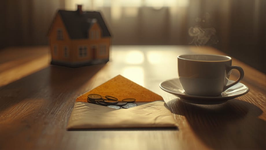 Sobre abierto con pocas monedas frente a una casita digna y bien cuidada