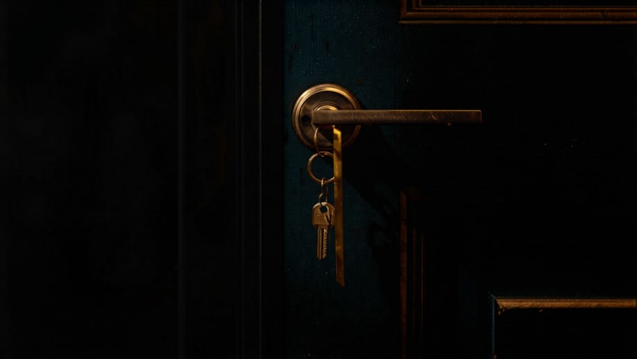 Puerta con llave puesta y una segunda llave nueva colgando con cinta dorada