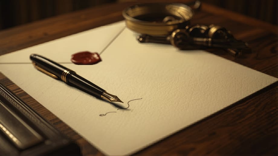 Sobre lacrado en custodia sobre escritura con pluma y llaves