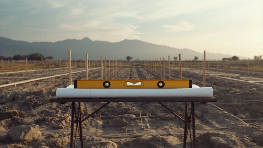 Parcela con estacas de cimientos, planos sobre mesa de obra y cordillera