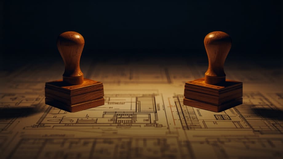 Dos timbres de madera sobre un plano arquitectónico extendido