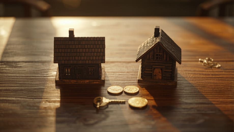 Dos casitas distintas frente a frente con sus llaves y monedas de vuelto