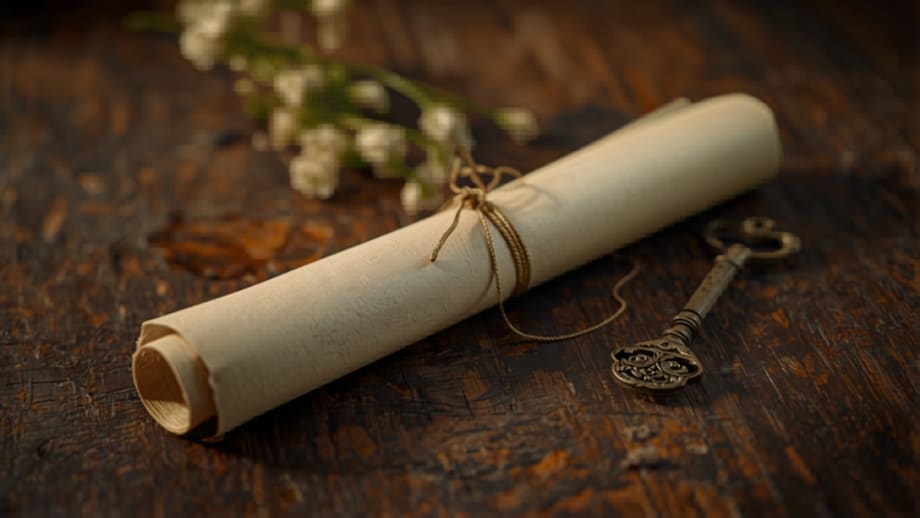 Escritura antigua con cordón dorado junto a una llave de bronce y flores blancas