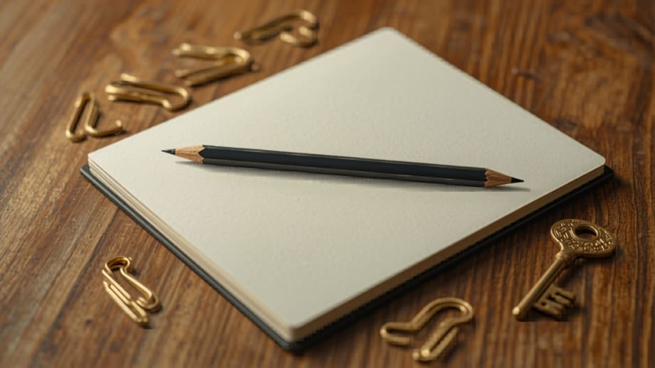 Libreta abierta con lápiz y signos de interrogación de clips junto a una llave