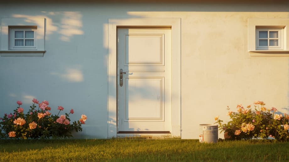 Casa recién pintada con jardín ordenado y puerta barnizada brillante