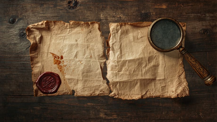 Documento antiguo rasgado y reparado con cinta, con lacre agrietado y lupa