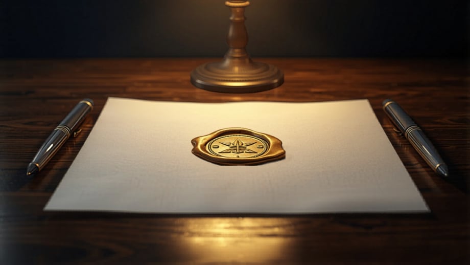 Documento con sello de lacre dorado y dos plumas enfrentadas