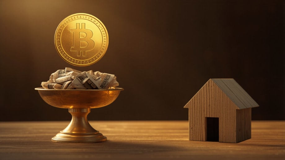 Moneda dorada estable en una balanza frente a billetes, casita firme al lado