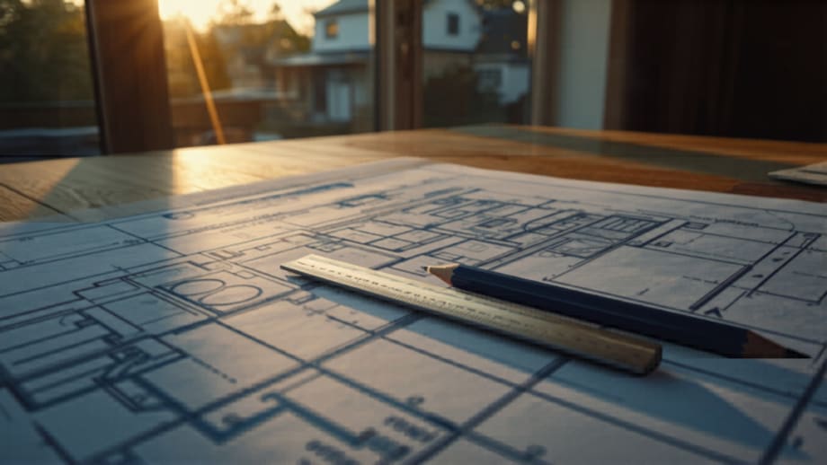 Plano arquitectónico con lápiz y regla, casa con ampliación al fondo