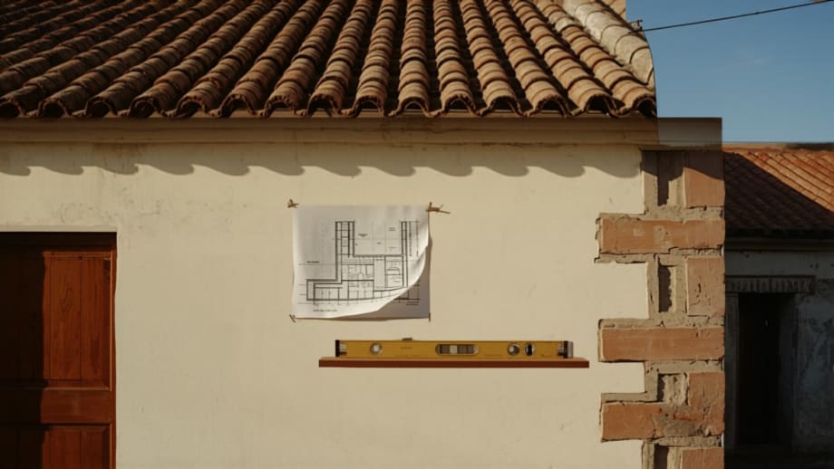 Casa con ampliación de material distinto, plano y nivel sobre el muro de entrada