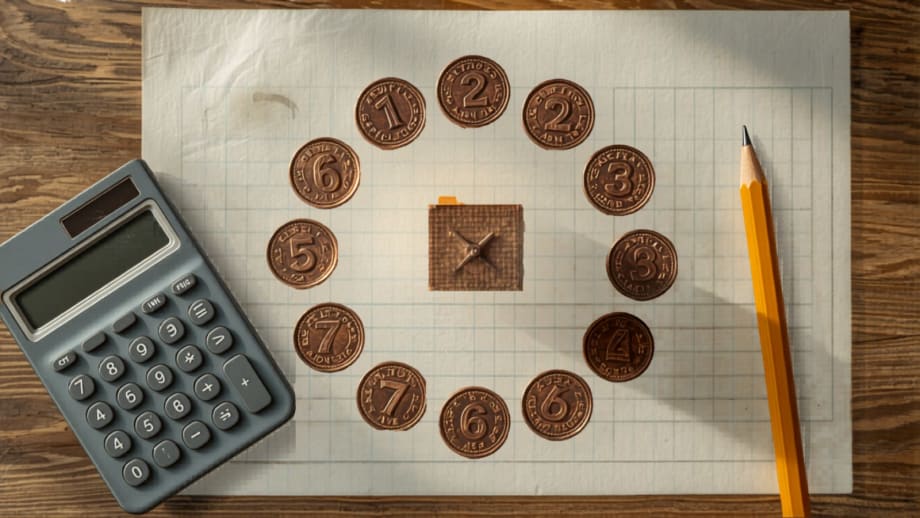 Doce monedas en círculo alrededor de una casita con calculadora y lápiz