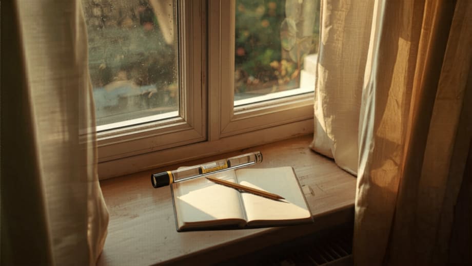 Linterna, nivel y libreta sobre el alféizar de una ventana en casa visitada