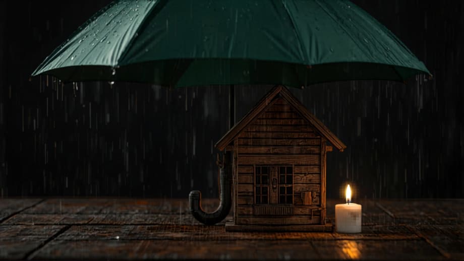 Casita de madera protegida bajo un paraguas con gotas resbalando