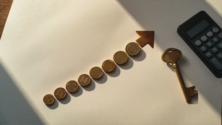 Flecha ascendente de monedas sobre un contrato con llave y calculadora
