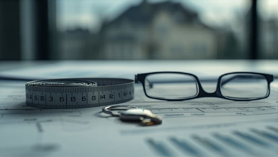 Informe con gráficos, huincha de medir, lentes y llave sobre escritorio formal