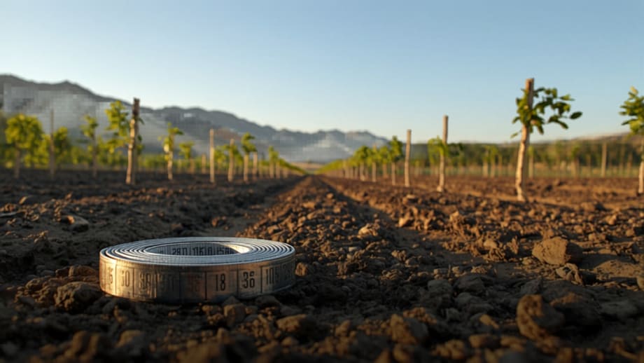 Huincha de medir y plano sobre tierra de cultivo junto a paltos jóvenes