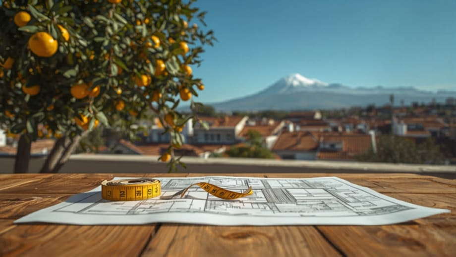 Huincha y plano sobre mesa de madera en patio con limonero y precordillera nevada