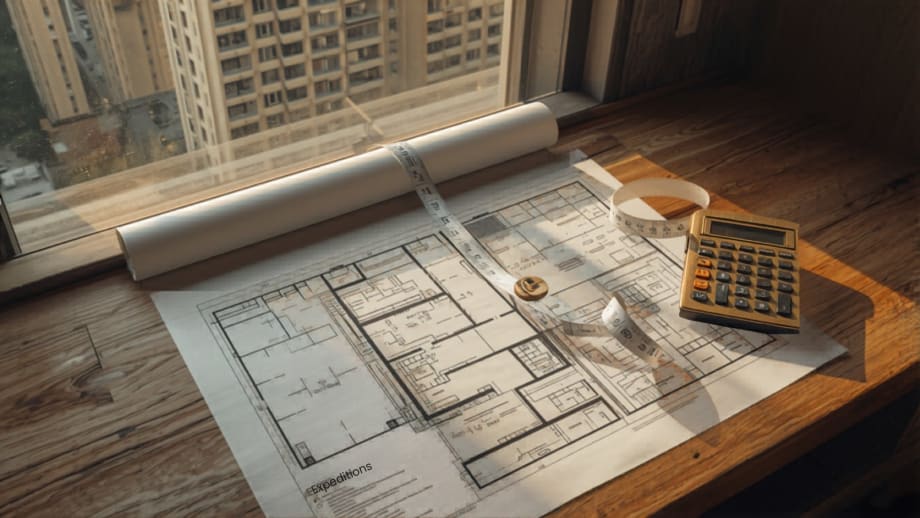 Plano de planta con calculadora y huincha sobre una mesa, torres por la ventana
