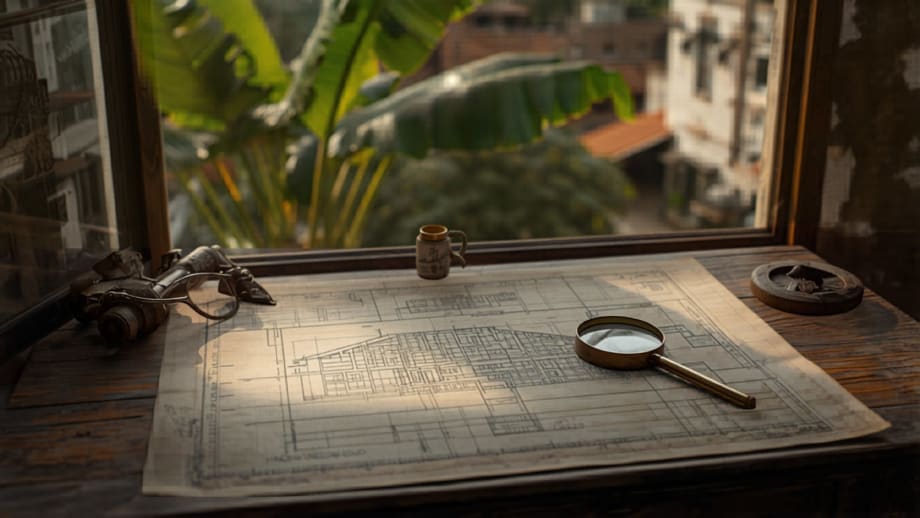 Plano de departamento antiguo con lupa de bronce y árboles por la ventana