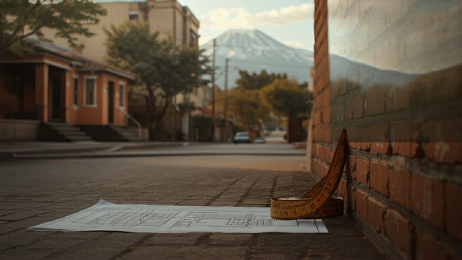 Huincha de medir y plano sobre muro de ladrillo frente a casa pareada con cordillera