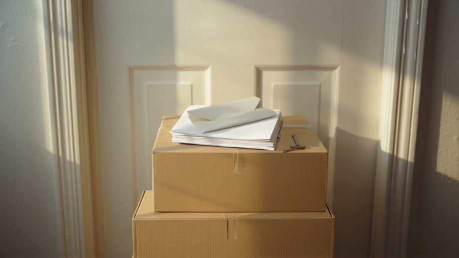 Cajas de mudanza con contrato, sobre de aviso y llave lista para devolver