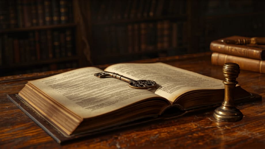 Libro registral antiguo abierto con llave de bronce y timbre de sello encima