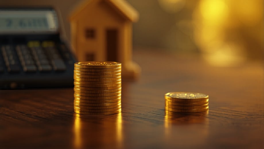 Pila grande de monedas y pila pequeña apartada con casita y calculadora al fondo