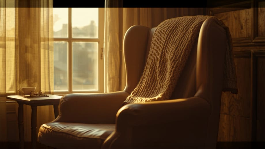 Sillón con manta junto a ventana cálida, taza de té y lentes de lectura
