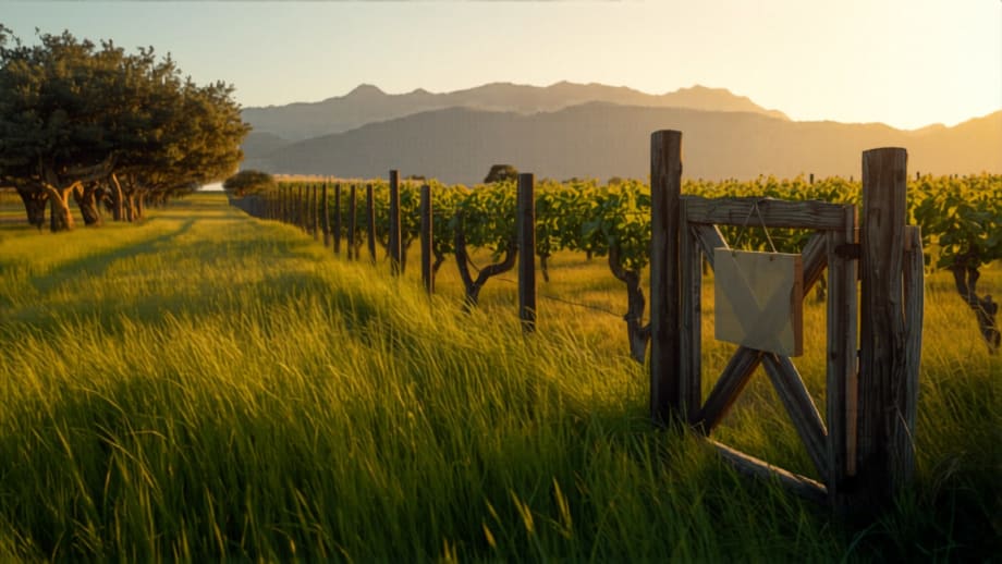 Parcela con viñas viejas, portón abierto y cartel en blanco con cordillera al fondo