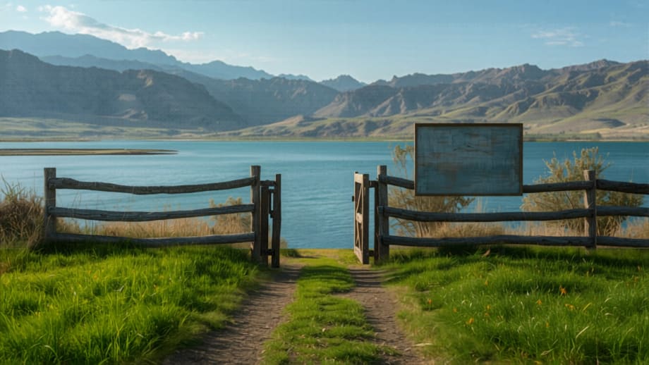 Parcela con portón abierto y cartel en blanco frente al lago Colbún