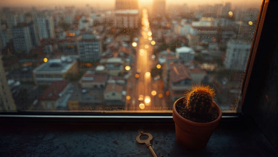 Ventana en altura con llave y cactus en el alféizar, torres y avenida al atardecer