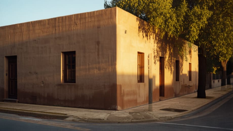 Casa esquinera de adobe con ventanas altas de madera y cartel en blanco, Linares
