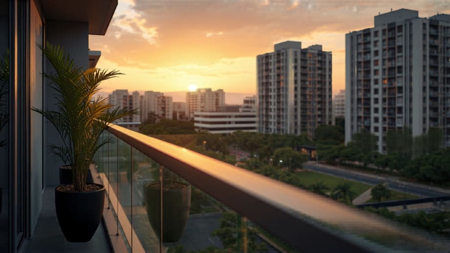 Balcón de departamento con plantas y vista a torres y plaza arbolada en Maipú