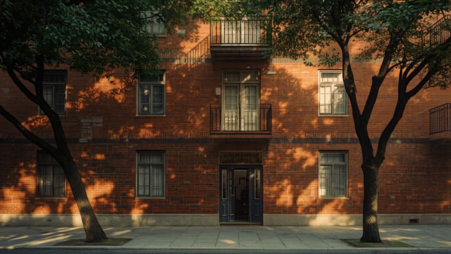 Fachada de edificio de ladrillo con balcones y árboles frondosos en Ñuñoa
