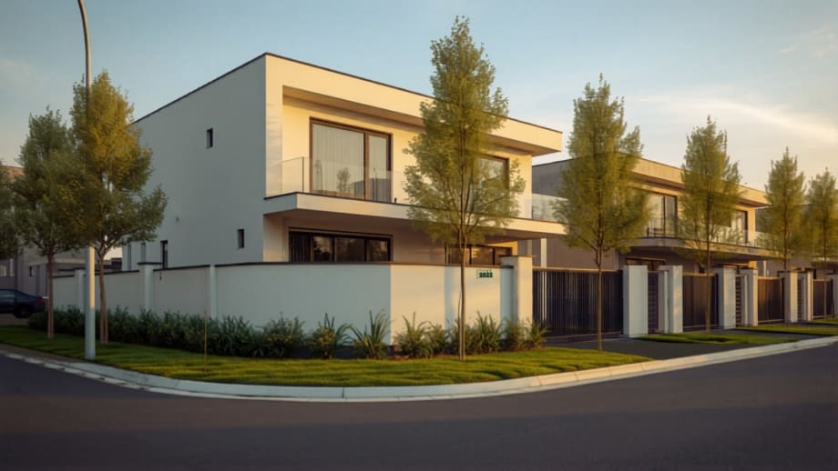 Casa pareada moderna con antejardín y cartel de madera en blanco al atardecer