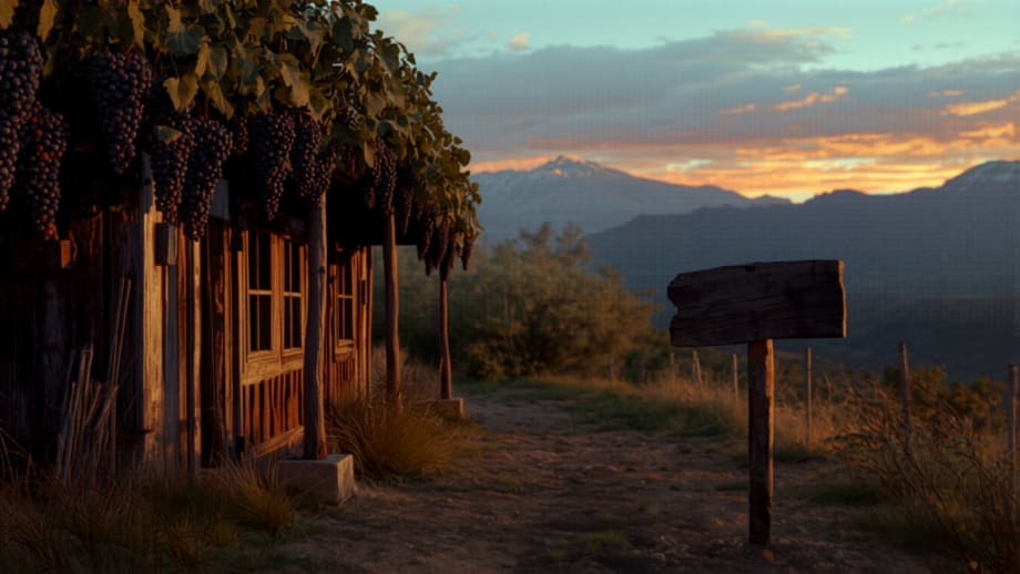Casa con parrón y cartel de madera en blanco al atardecer en Peñaflor