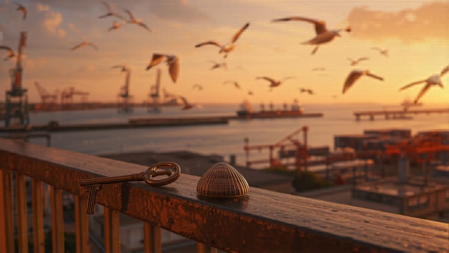 Balcón con vista al puerto de San Antonio, llave y conchas en la baranda
