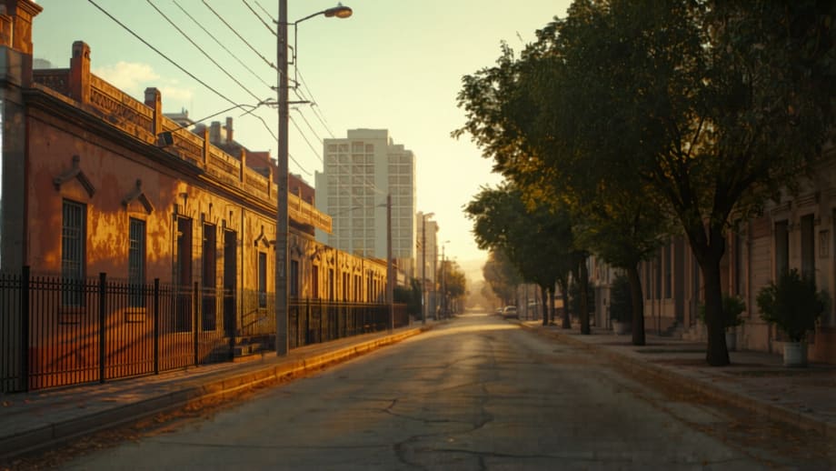 Calle de San Miguel con casas de fachada continua y edificios modernos al fondo