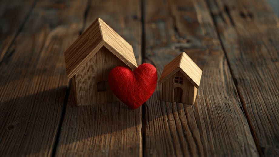 Dos casitas: una grande con corazón de fieltro y una pequeña con calculadora e impuestos