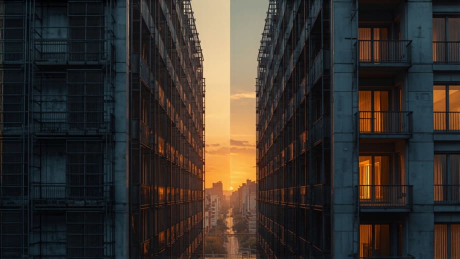 Edificio en obra gruesa frente a uno terminado con luces encendidas al atardecer